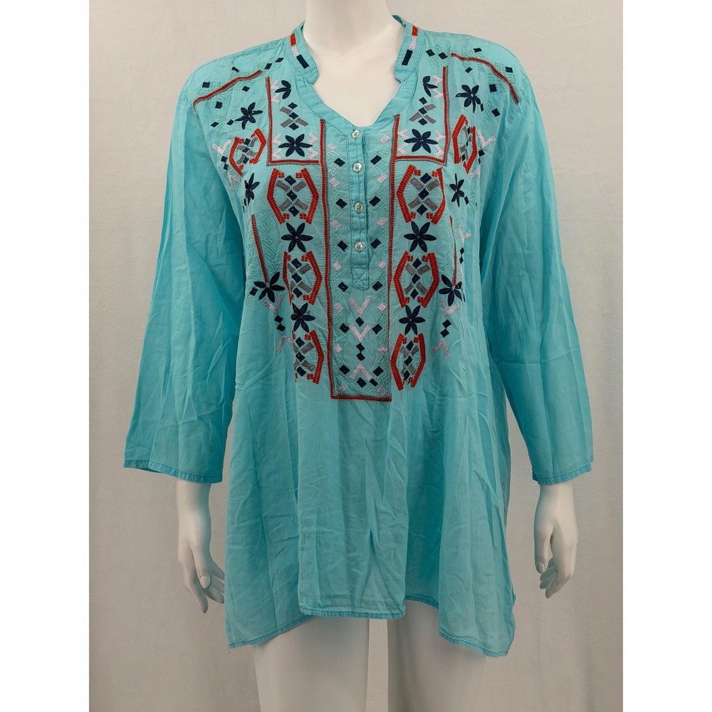 Fresh Produce Top Womens XL 2XL Blue Tunic Floral Embroidered Boho Peasant Sheer